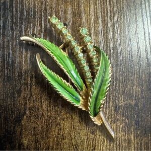Vintage Green Rhinestone Sparkle Grass Spring Leaf Brooch Pin